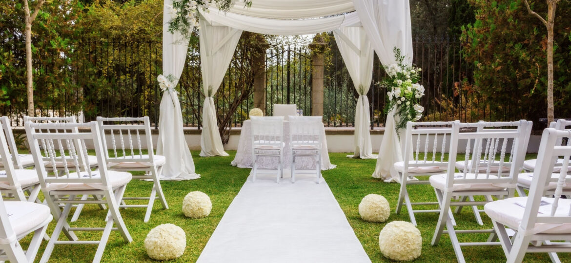 Of wedding decoration in the garden. Modern wedding.