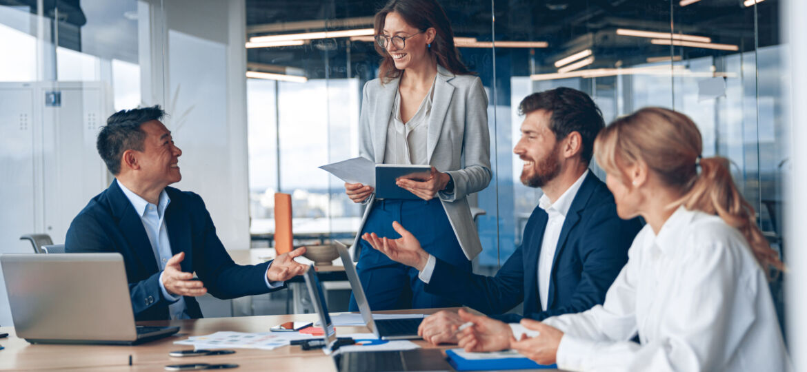 A group of business people partners during a set team meeting in the modern office