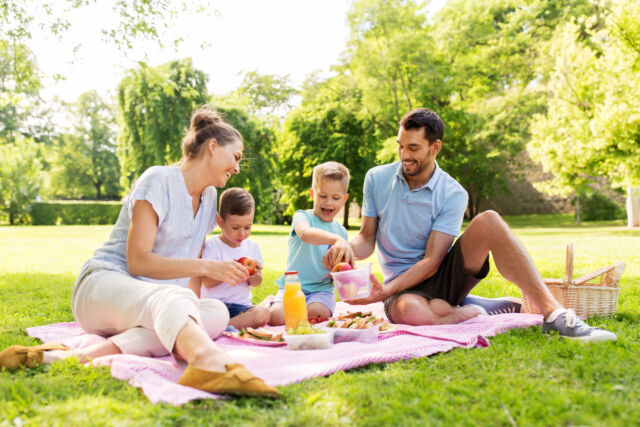 happy family having picnic at summer park