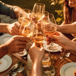 Happy friends having fun outdoor. Group of friends having backyard dinner party together. Young people sitting at bar table toasting wine glasses in vineyards garden. digital ai