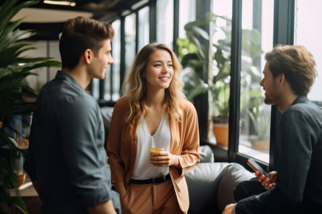 A business meeting during a coffee break with colleagues engaged in conversation