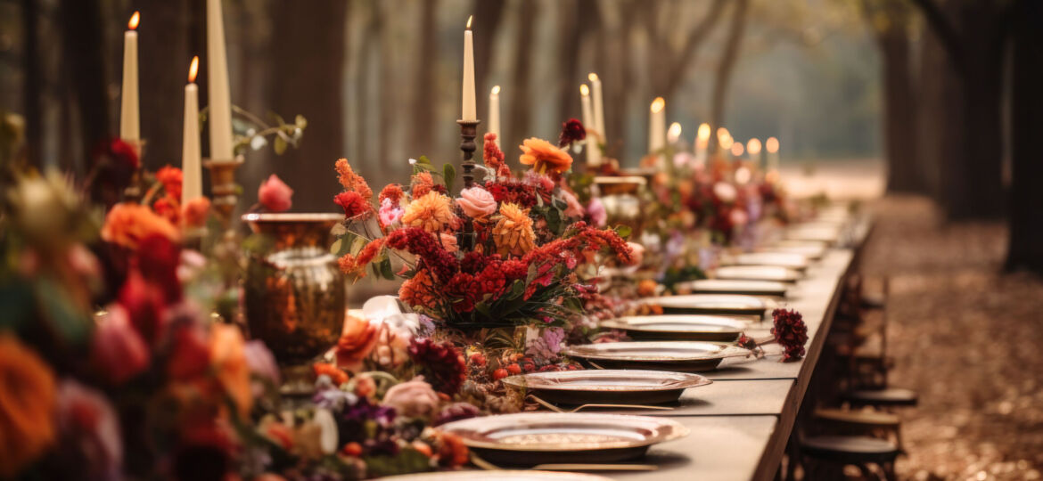 Autumn outdoor long banquet table setting in the woods with candles and flowers, fall harvest season, rustic, fete party, outside dining tablescape