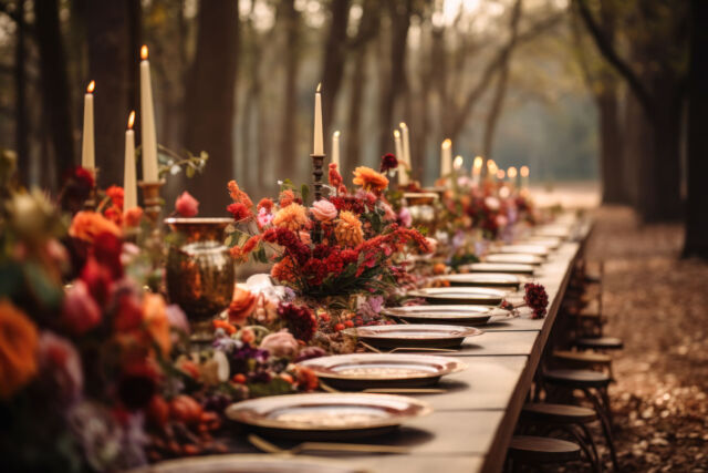 Autumn outdoor long banquet table setting in the woods with candles and flowers, fall harvest season, rustic, fete party, outside dining tablescape