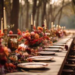 Autumn outdoor long banquet table setting in the woods with candles and flowers, fall harvest season, rustic, fete party, outside dining tablescape