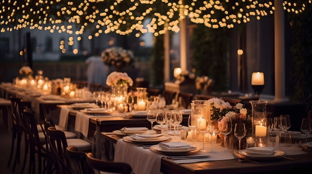 Wedding r table setting. hall decoration with a lot of string li