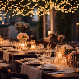Wedding r table setting. hall decoration with a lot of string li