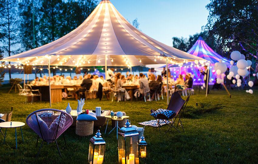 Colorful wedding tents at night